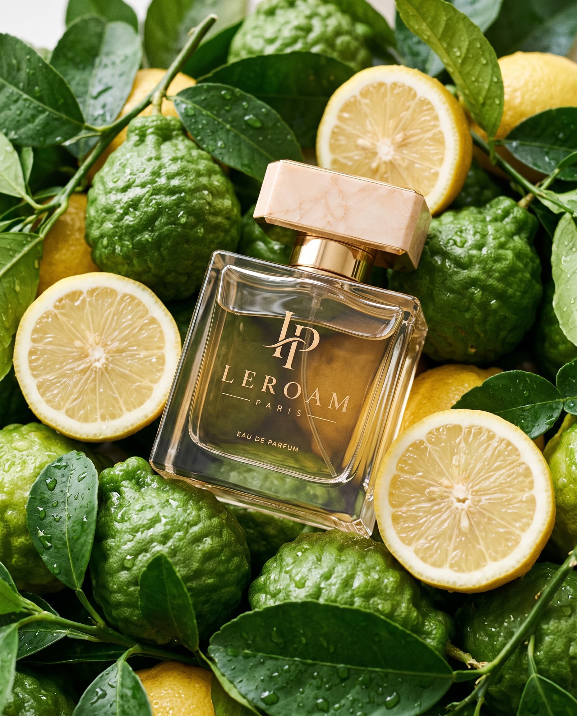 Bergamot ve dilimlenmiş limonlar arasında LÉ ROAM PARIS şişesi, taze koku ailesi